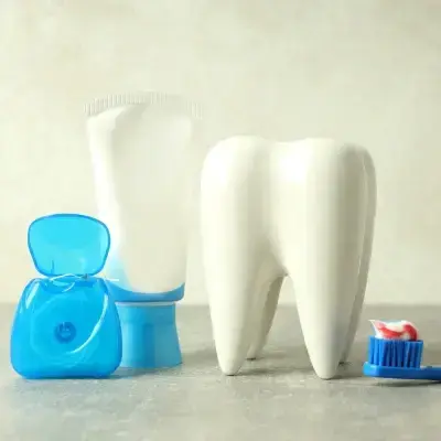Dental care products including toothpaste, floss, and toothbrush displayed with white tooth models.