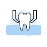 Illustration of hands holding a tooth above a blue surface, representing dental care support.